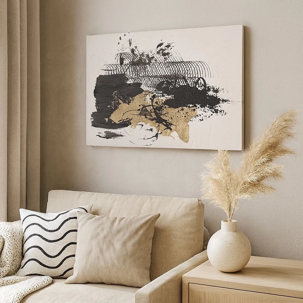 Quadro su tela - Stampe su Tela - Un dipinto astratto in nero e oro con linee e strutture dinamiche. - 70x50cm - Composizione con passione - Decorazione murale moderna per soggiorno e camera da letto ARTTOR