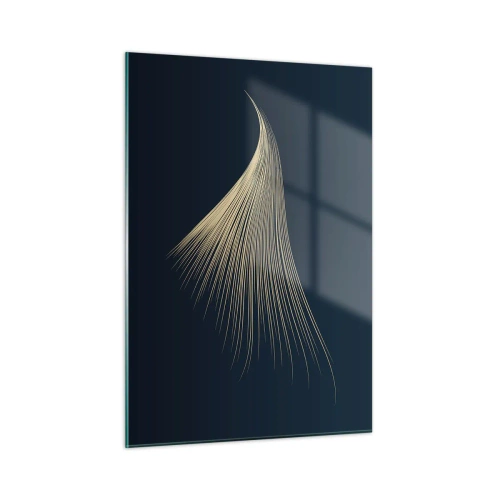Quadro su vetro - Una linea dorata che ricorda un'ala su uno sfondo blu navy - 50x70cm - Come un capello d'angelo - Decorazione murale moderna per soggiorno e camera da letto ARTTOR
