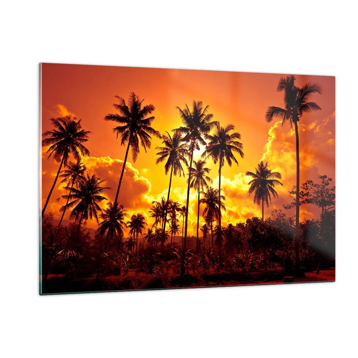 Quadro su vetro - Palme sullo sfondo di un tramonto infuocato - 120x80cm - Bruciano i monti, bruciano i boschi - Decorazione murale moderna per soggiorno e camera da letto ARTTOR