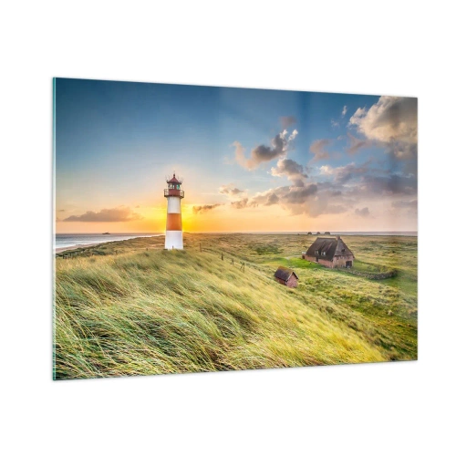 Quadro su vetro - Un faro al tramonto su un mare in tempesta - 100x70cm - Tra le onde - Decorazione murale moderna per soggiorno e camera da letto ARTTOR
