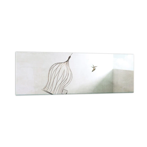 Quadro su vetro - Un uccello liberato da una gabbia sullo sfondo di un cielo luminoso - 160x50cm - Nel proprio elemento - Decorazione murale moderna per soggiorno e camera da letto ARTTOR
