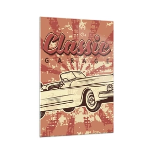 Quadro su vetro - Poster retrò con un'auto d'epoca e la scritta Classic Garage - 70x100cm - E alla radio Elvis - Decorazione murale moderna per soggiorno e camera da letto ARTTOR