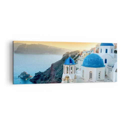 Quadro su tela - Stampe su Tela - Vista di Santorini con edifici bianchi e mare blu - 140x50cm - Santorini: aggrappate alle rocce - Decorazione murale moderna per soggiorno e camera da letto ARTTOR