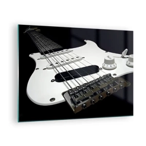Quadro su vetro - Primo piano di una chitarra elettrica bianca su uno sfondo scuro - 70x50cm - Il suono nascosto nel bianco - Decorazione murale moderna per soggiorno e camera da letto ARTTOR