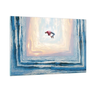 Quadro su vetro - Un uomo che salta sul mare in una cornice surreale - 120x80cm - In un'altra dimensione - Decorazione murale moderna per soggiorno e camera da letto ARTTOR