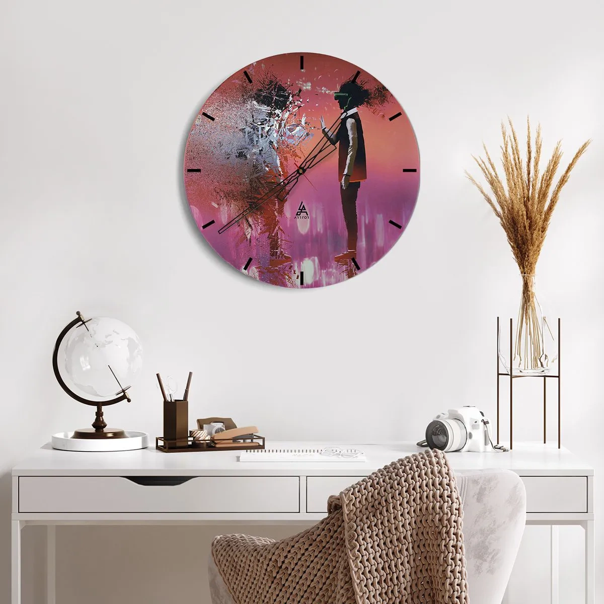 Orologio da parete - Orologio in Vetro - Un personaggio con occhiali VR in un mondo futuristico e rosa - 30x30cm - Puoi guardare te stesso? - Decorazione murale moderna per soggiorno, cucina e camera da letto ARTTOR
