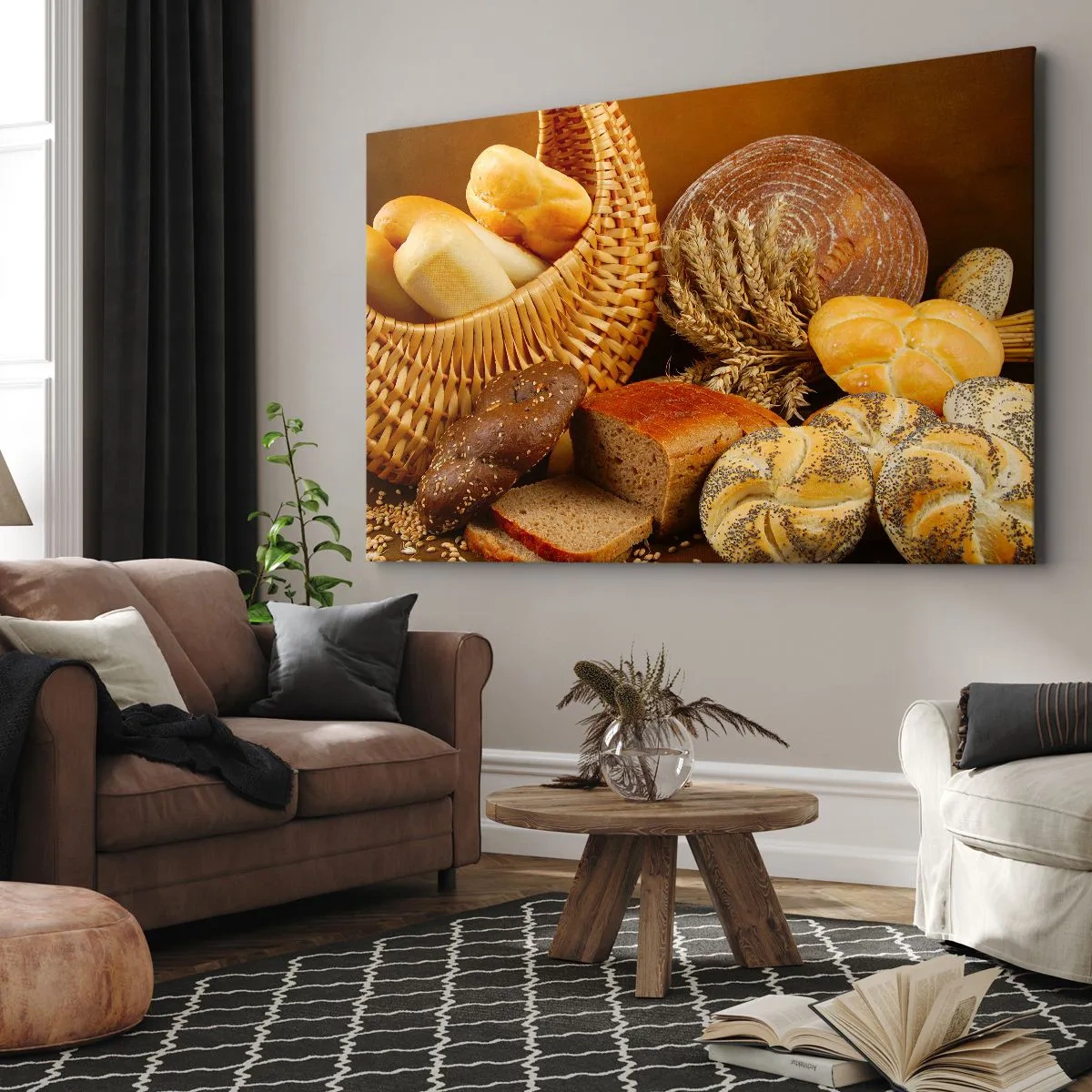 Quadro su tela - Stampe su Tela - Vari tipi di pane in un cestino di vimini su fondo oro - 70x50cm - Direttamente dal forno - Decorazione murale moderna per soggiorno e camera da letto ARTTOR