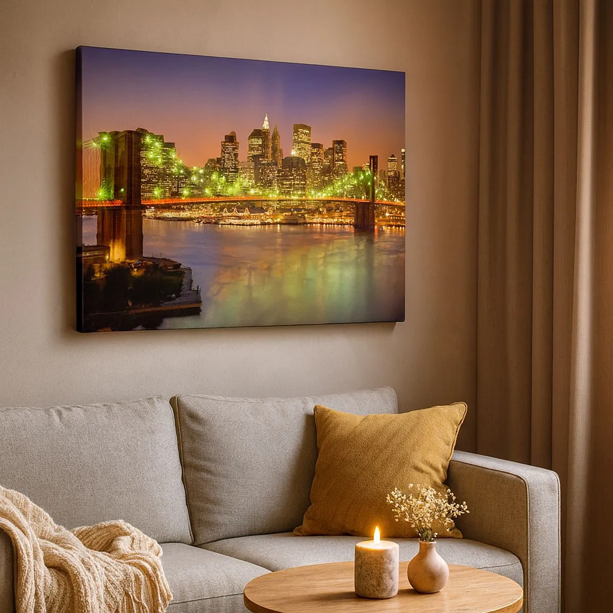 Quadro su tela - Stampe su Tela - Ponte illuminato in una città moderna di notte - 70x50cm - Qui la luce non si spegne mai - Decorazione murale moderna per soggiorno e camera da letto ARTTOR