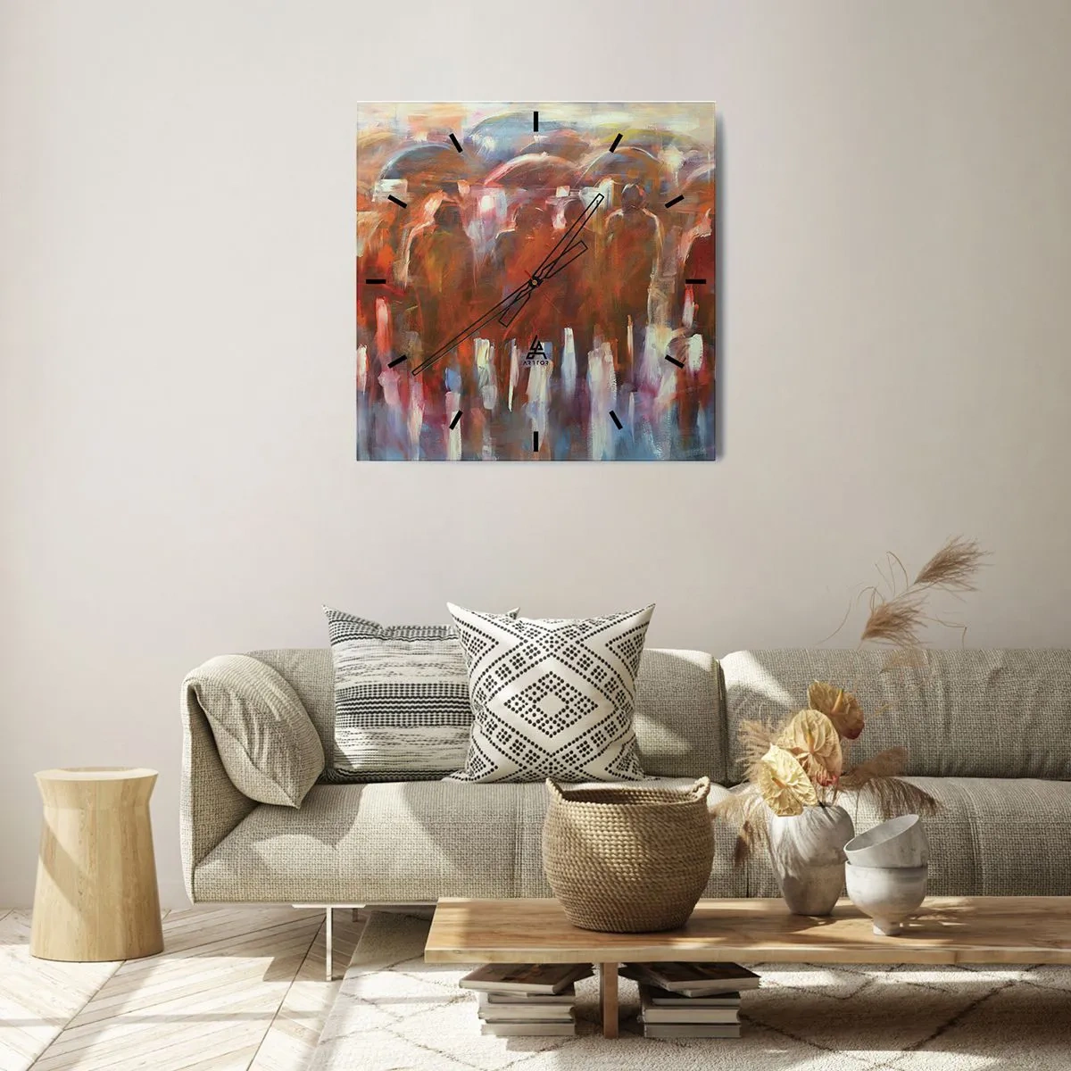 Orologio da parete - Orologio in Vetro - Una folla di persone con ombrelli in un ambiente piovoso e artistico - 30x30cm - Uguali nella pioggia e nella nebbia - Decorazione murale moderna per soggiorno e camera da letto ARTTOR