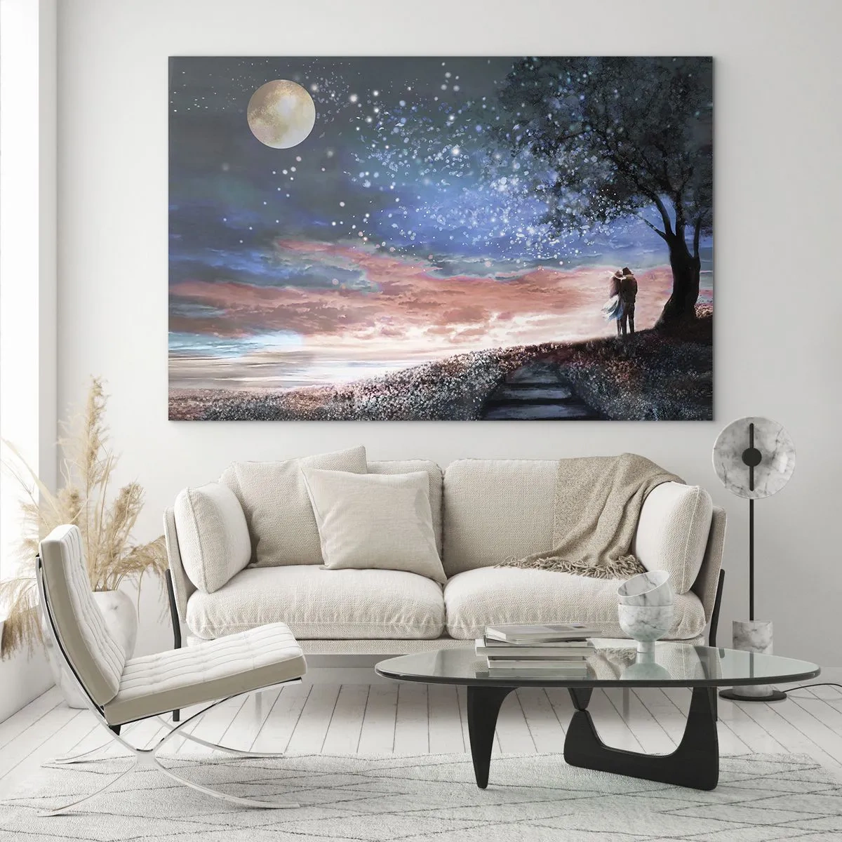 Quadro su vetro - Una coppia innamorata sotto un albero con la luna e le stelle - 100x70cm - Lo spettacolo delle stelle - Decorazione murale moderna per soggiorno e camera da letto ARTTOR
