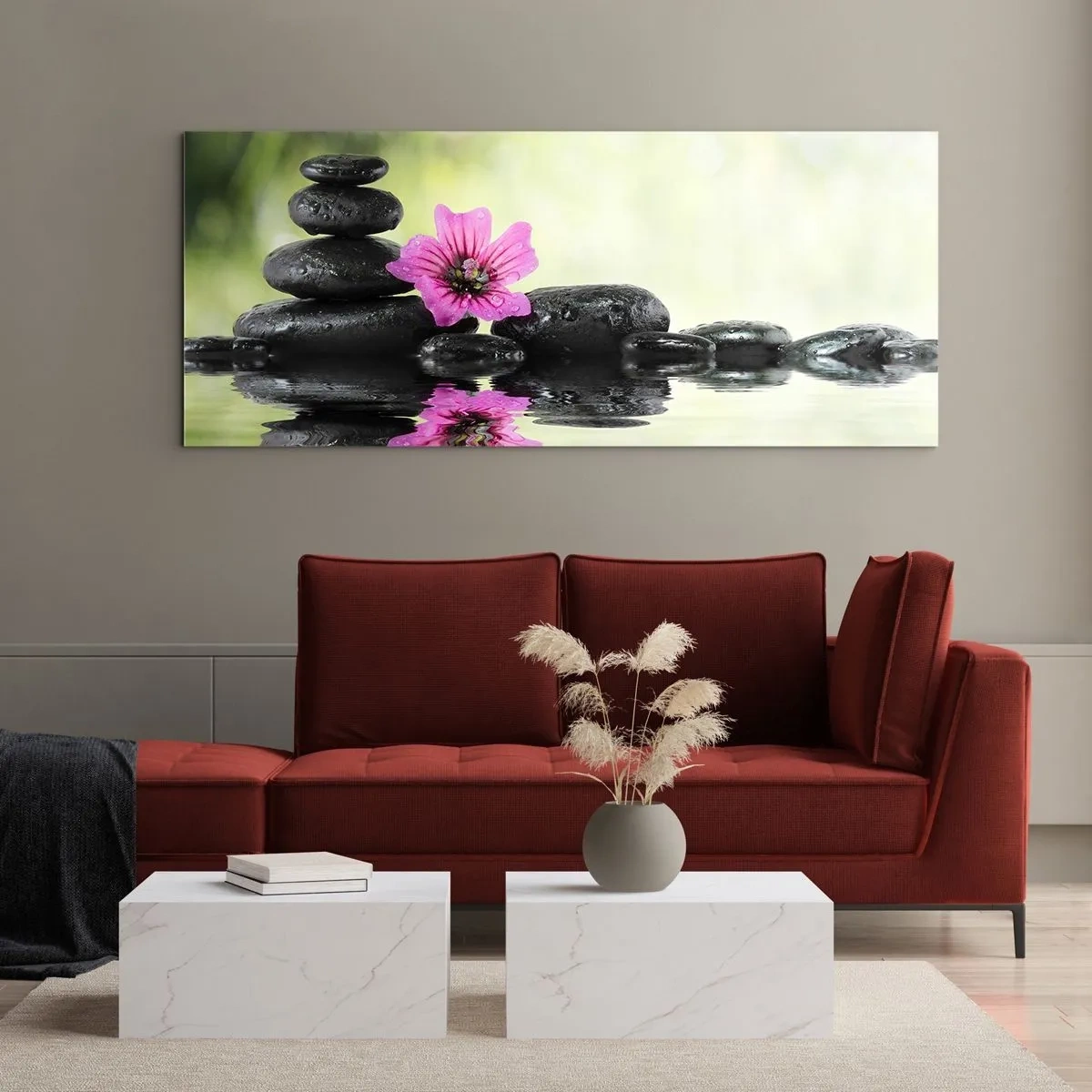 Quadro su vetro - Pietre zen e un fiore rosa riflessi nell'acqua - 120x50cm - Tempo per l'anima - Decorazione murale moderna per soggiorno e camera da letto ARTTOR