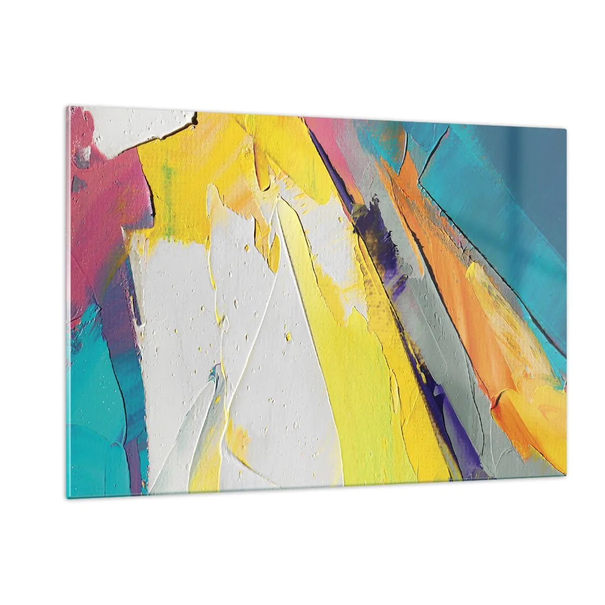 Quadro su vetro - Pennellate astratte in giallo, blu e bianco - 120x80cm - Anatomia della luce - Decorazione murale moderna per soggiorno e camera da letto ARTTOR