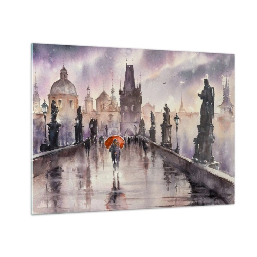 Quadro su vetro - Camminare sotto la pioggia su un ponte con un ombrello arancione - 70x50cm - Le persone non cambiano - Decorazione murale moderna per soggiorno e camera da letto ARTTOR