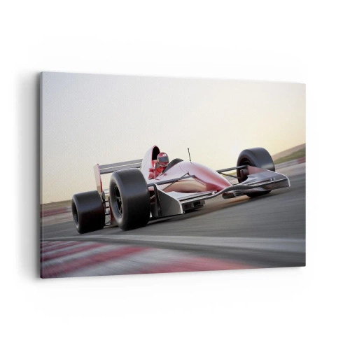Quadro su tela - Stampe su Tela - Una macchina rossa di Formula 1 su una pista da corsa mentre guida - 120x80cm - Sempre vincente - Decorazione murale moderna per soggiorno e camera da letto ARTTOR