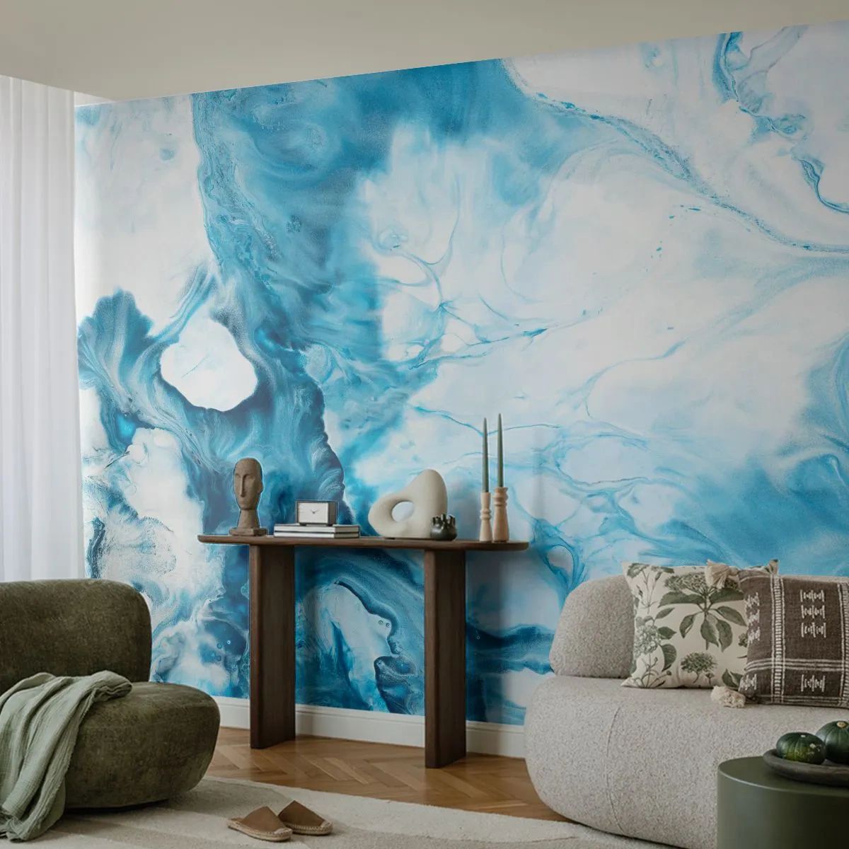 Fotomurali Premium Sand - Composizione astratta di blu e bianco - 100x70cm - Concerto di blu - Decorazione murale moderna per soggiorno e camera da letto ARTTOR