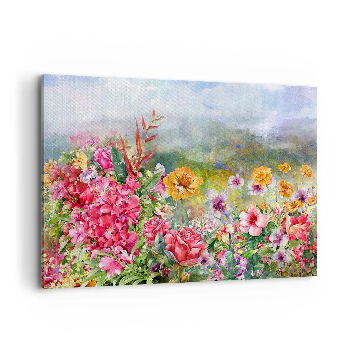 Quadro su tela - Stampe su Tela - Una composizione colorata di fiori su uno sfondo paesaggistico color pastello - 120x80cm - Il giardino impazzito - Decorazione murale moderna per soggiorno e camera da letto ARTTOR