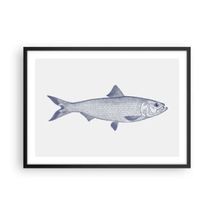 Poster in cornice nera - Illustrazione di un pesce nei toni del blu su uno sfondo chiaro - 70x50cm - Un saluto dai mari del nord - Decorazione murale moderna per soggiorno e camera da letto ARTTOR