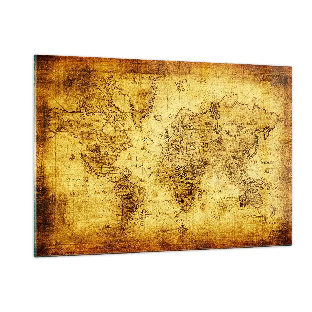 Quadro su vetro - Vecchia mappa del mondo d'epoca - 120x80cm - Questo mondo è strano - Decorazione murale moderna per soggiorno e camera da letto ARTTOR