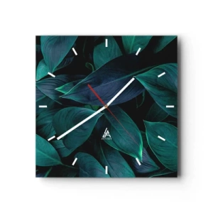 Orologio da parete - Orologio in Vetro - Primo piano di foglie verdi con sfondo scuro - 30x30cm - Il verde puro - Decorazione murale moderna per soggiorno e camera da letto ARTTOR