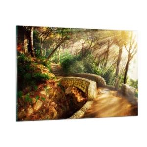 Quadro su vetro - Raggi di sole che illuminano il ponte e il sentiero nella foresta - 120x80cm - Dal ponte direttamente nel bosco delle fiabe - Decorazione murale moderna per soggiorno e camera da letto ARTTOR