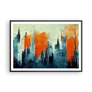 Poster in cornice nera - Paesaggio urbano astratto nei toni dell'arancione e del blu - 100x70cm - Paesaggio moderno - Decorazione murale moderna per soggiorno e camera da letto ARTTOR