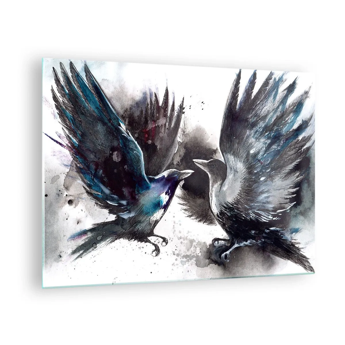 Quadro su vetro - Due corvi in posa dinamica con le ali spiegate - 70x50cm - Corvi imperiali - Decorazione murale moderna per soggiorno e camera da letto ARTTOR