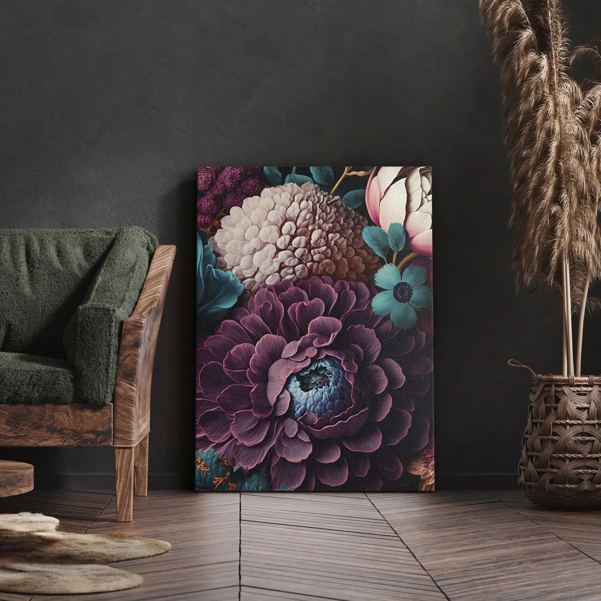 Quadro su tela - Stampe su Tela - Un mazzo di fiori dai colori intensi su uno sfondo scuro - 80x120cm - Ricchezza della natura - Decorazione murale moderna per soggiorno e camera da letto ARTTOR