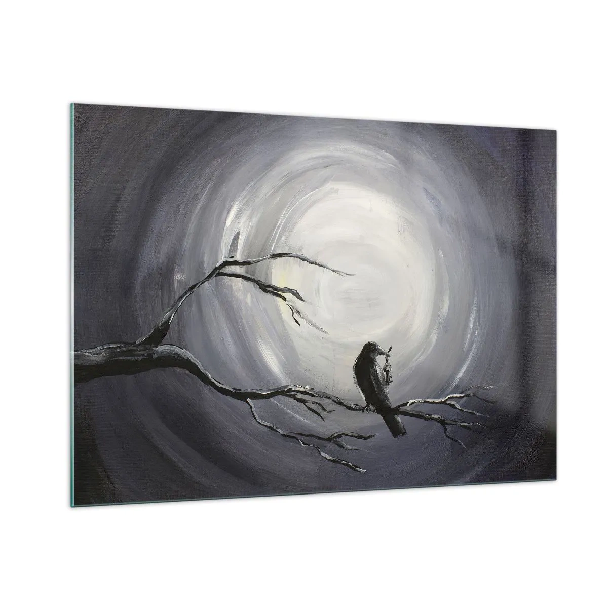 Quadro su vetro - Un corvo seduto su un ramo sullo sfondo della luna piena - 100x70cm - Chiave di una notte misteriosa - Decorazione murale moderna per soggiorno e camera da letto ARTTOR
