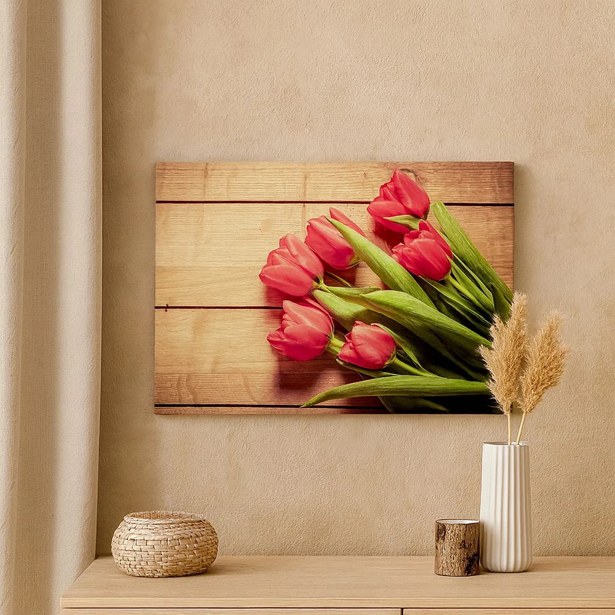 Quadro su tela - Stampe su Tela - Un mazzo di tulipani rosa su uno sfondo di legno - 70x50cm - Confessione primaverile - Decorazione murale moderna per soggiorno e camera da letto ARTTOR