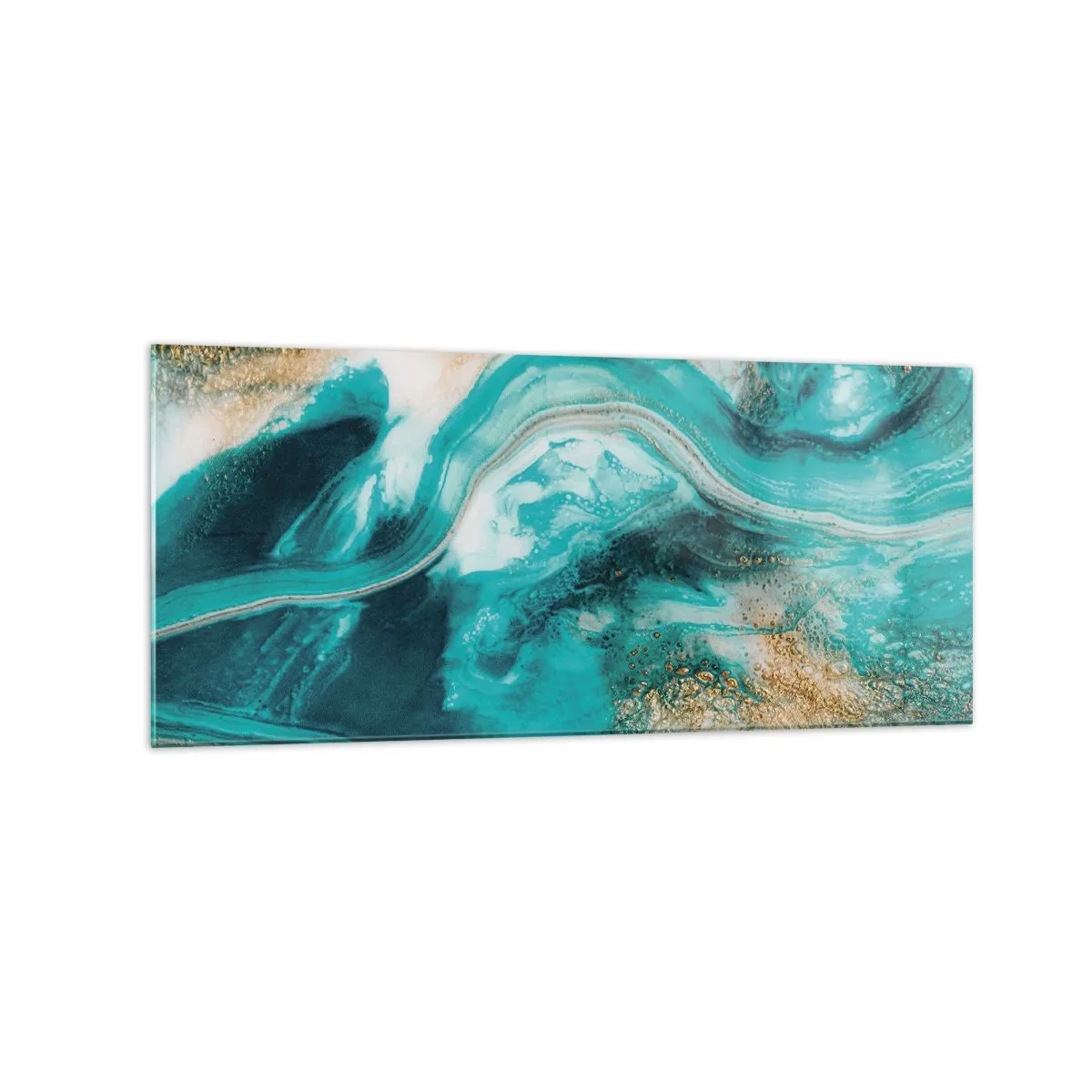 Quadro su vetro - Astrazione turchese con accenti bianchi e dorati - 120x50cm - Il fiume d'oro - Decorazione murale moderna per soggiorno e camera da letto ARTTOR