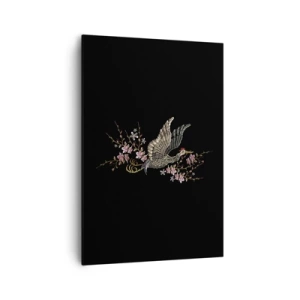 Quadro su tela - Stampe su Tela - Un uccello in volo con fiori su sfondo nero - 70x100cm - Uccello esotico ricamato - Decorazione murale moderna per soggiorno e camera da letto ARTTOR