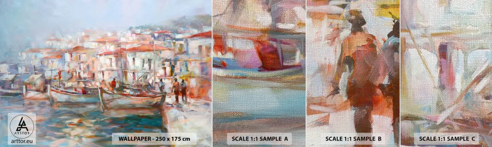 Campione di Fotomurale Premium Canvas - Vacanze in pastello - Città portuale, Architettura, Peschereccio - 100x30 cm