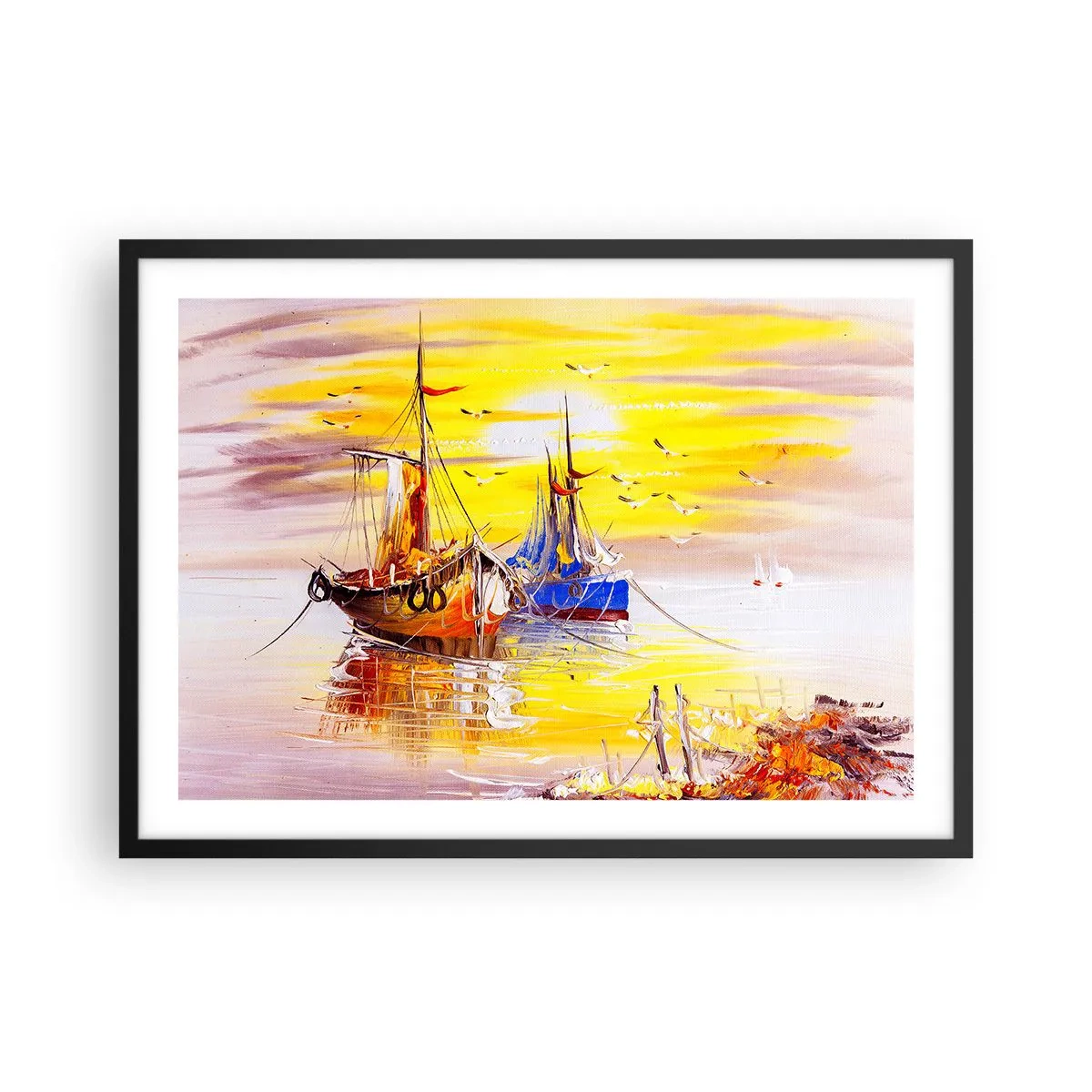 Poster in cornice nera - Una scena pittorica di barche su un mare calmo - 70x50cm - Meritato riposo nel porto - Decorazione murale moderna per soggiorno e camera da letto ARTTOR