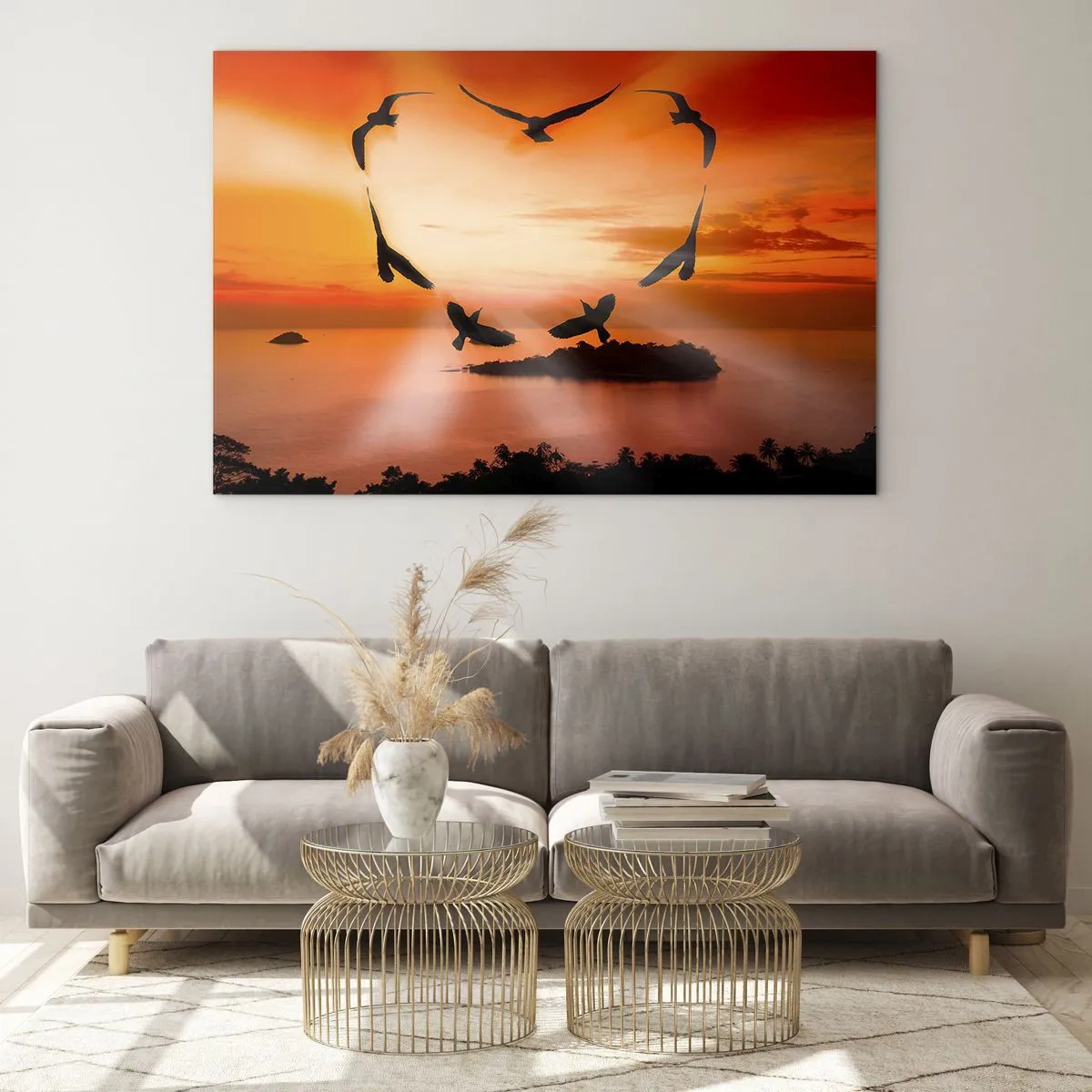 Quadro su vetro - Uccelli che formano un cuore sullo sfondo di un tramonto - 70x50cm - Ama il mondo come fanno gli uccelli - Decorazione murale moderna per soggiorno e camera da letto ARTTOR