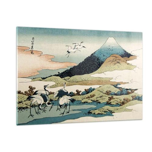 Quadro su vetro - Dipinto di uccelli in un paesaggio giapponese con vista sul Monte Fuji. - 120x80cm - Nello spirito giapponese - Decorazione murale moderna per soggiorno e camera da letto ARTTOR
