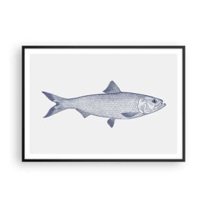 Poster in cornice nera - Illustrazione di un pesce nei toni del blu su uno sfondo chiaro - 100x70cm - Un saluto dai mari del nord - Decorazione murale moderna per soggiorno e camera da letto ARTTOR