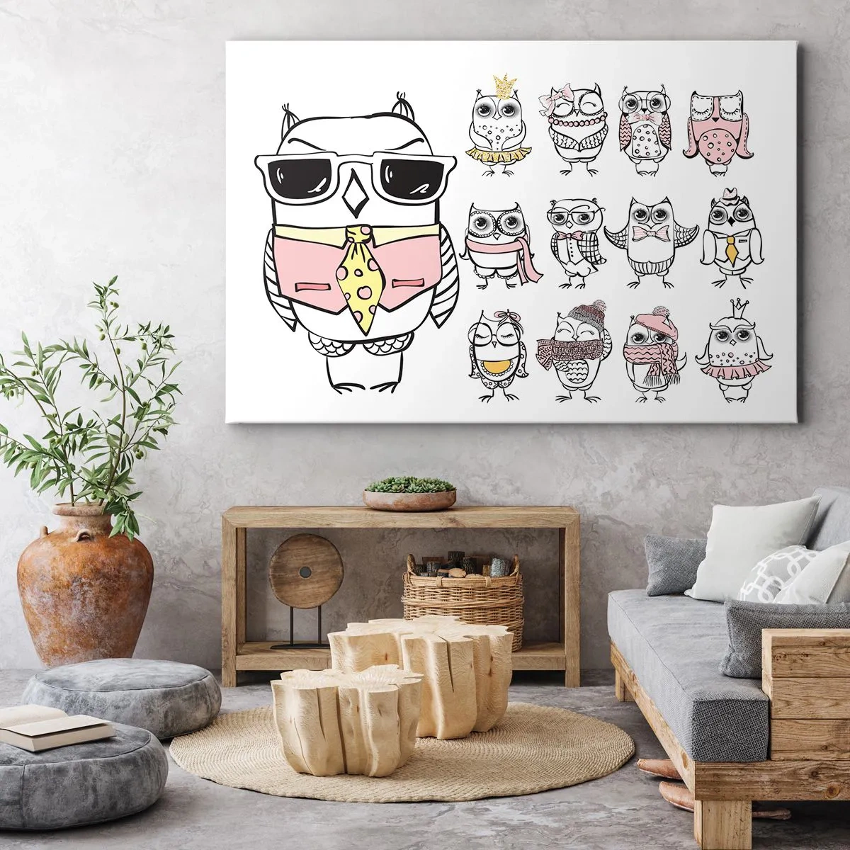 Quadro su tela - Stampe su Tela - Gufi in diversi stili e vestiti - 120x80cm - Tanti ruoli da svolgere - Decorazione murale moderna per soggiorno e camera da letto ARTTOR