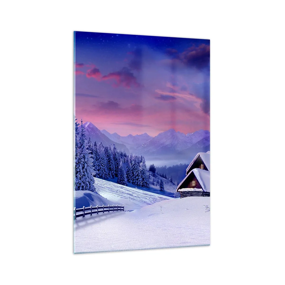 Quadro su vetro - Paesaggio invernale con baite di montagna al tramonto - 70x100cm - Notte silenziosa - Decorazione murale moderna per soggiorno e camera da letto ARTTOR