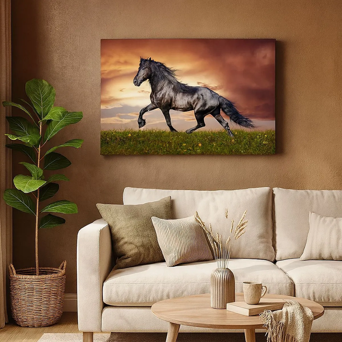 Quadro su tela - Stampe su Tela - Un cavallo nero che galoppa contro il sole al tramonto - 70x50cm - Il principe nero - Decorazione murale moderna per soggiorno e camera da letto ARTTOR