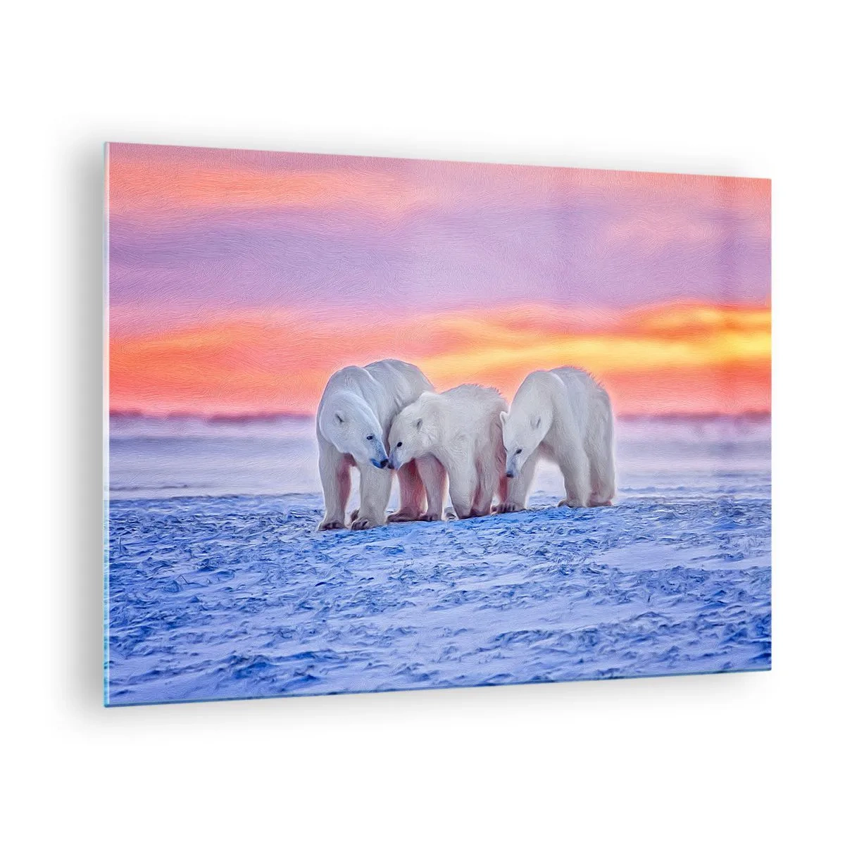 Quadro su vetro - Tre orsi polari su uno sfondo innevato al tramonto - 70x50cm - Basta il calore della famiglia - Decorazione murale moderna per soggiorno e camera da letto ARTTOR