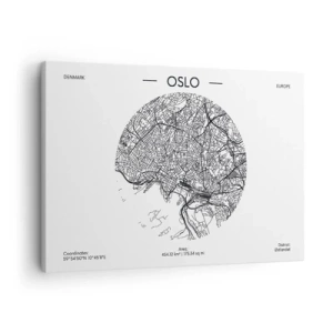 Quadro su tela - Stampe su Tela - Una mappa di Oslo in stile minimalista in bianco e nero. - 70x50cm - Anatomia di Oslo - Decorazione murale moderna per soggiorno e camera da letto ARTTOR