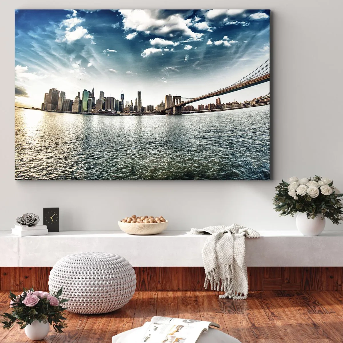 Quadro su tela - Stampe su Tela - Panorama della città con un ponte contro il cielo blu - 70x50cm - L'isola di vetro - Decorazione murale moderna per soggiorno e camera da letto ARTTOR