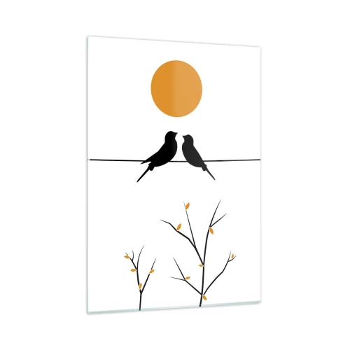 Quadro su vetro - Uccelli su una linea sotto un sole arancione - 50x70cm - Sera da usignoli - Decorazione murale moderna per soggiorno e camera da letto ARTTOR