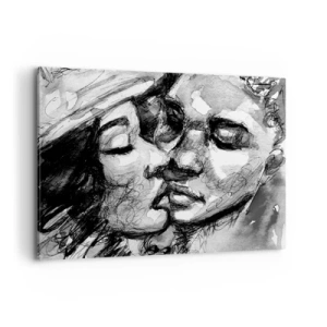 Quadro su tela - Stampe su Tela - Un acquerello in bianco e nero che raffigura un momento intimo tra due persone. - 100x70cm - Un attimo di tenerezza - Decorazione murale moderna per soggiorno e camera da letto ARTTOR
