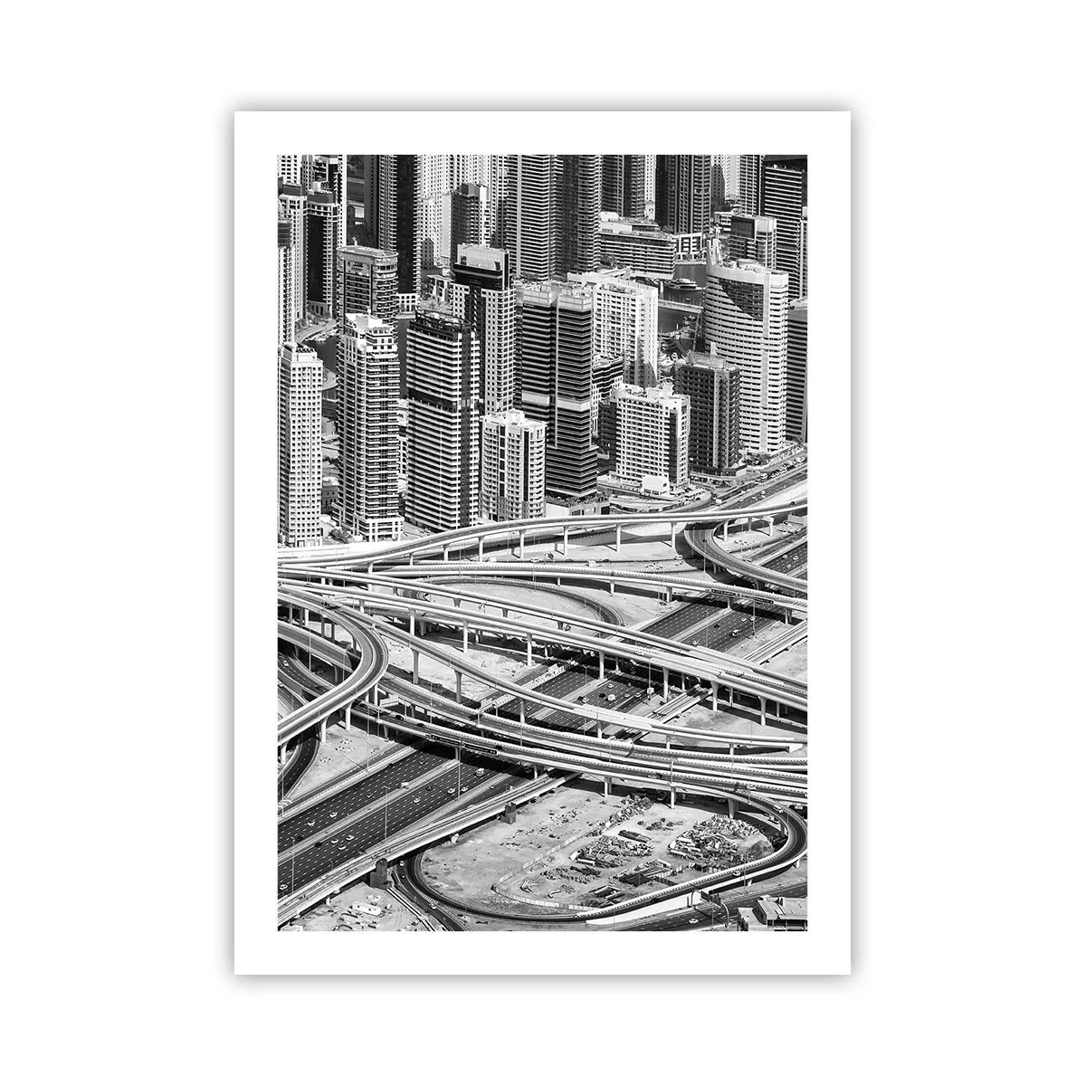 Poster - Panorama della città con rete stradale in stile bianco e nero - 50x70cm - Dubai - città impossibile - Decorazione murale moderna per soggiorno e camera da letto ARTTOR