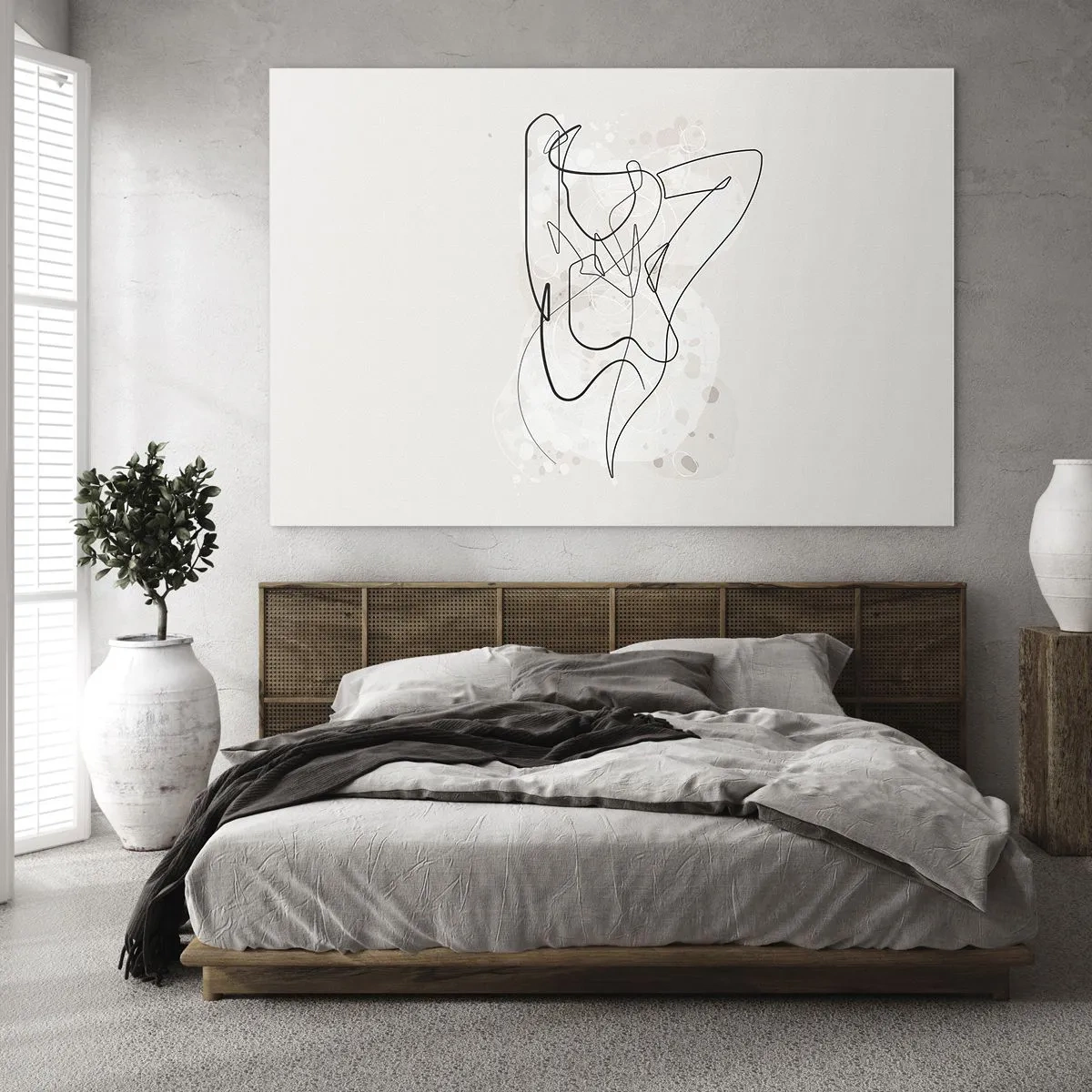 Quadro su vetro - Una silhouette femminile disegnata con una linea su uno sfondo chiaro - 120x80cm - L'arte della seduzione - Decorazione murale moderna per soggiorno e camera da letto ARTTOR