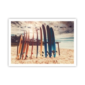 Poster - Tavole da surf sulla spiaggia al tramonto - 100x70cm - Buonanotte, a domani - Decorazione murale moderna per soggiorno e camera da letto ARTTOR