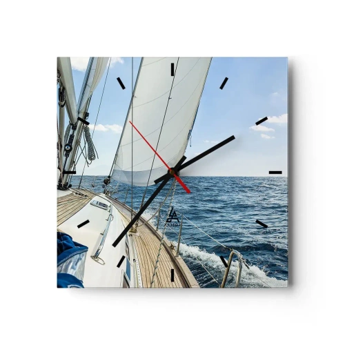 Orologio da parete - Orologio in Vetro - Una barca a vela su un mare calmo sotto un cielo azzurro - 30x30cm - Benvenuta avventura - Decorazione murale moderna per soggiorno e camera da letto ARTTOR