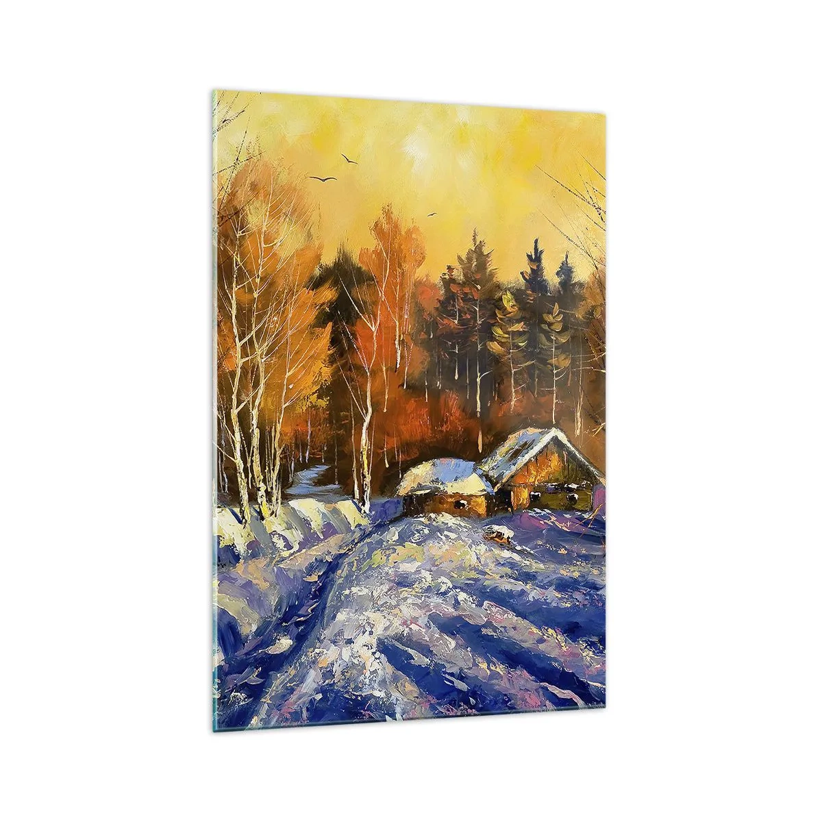 Quadro su vetro - Paesaggio invernale con una casa alla luce del sole al tramonto - 70x100cm - Impressionismo invernale al sole - Decorazione murale moderna per soggiorno e camera da letto ARTTOR
