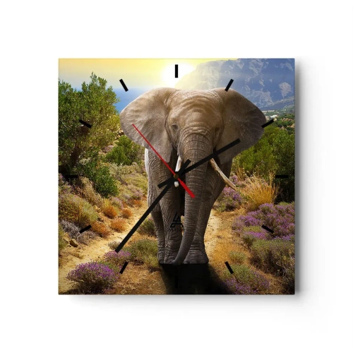 Orologio da parete - Orologio in Vetro - Un elefante africano sullo sfondo di una savana e di un paesaggio montuoso - 30x30cm - Così era il paradiso - Decorazione murale moderna per soggiorno e camera da letto ARTTOR